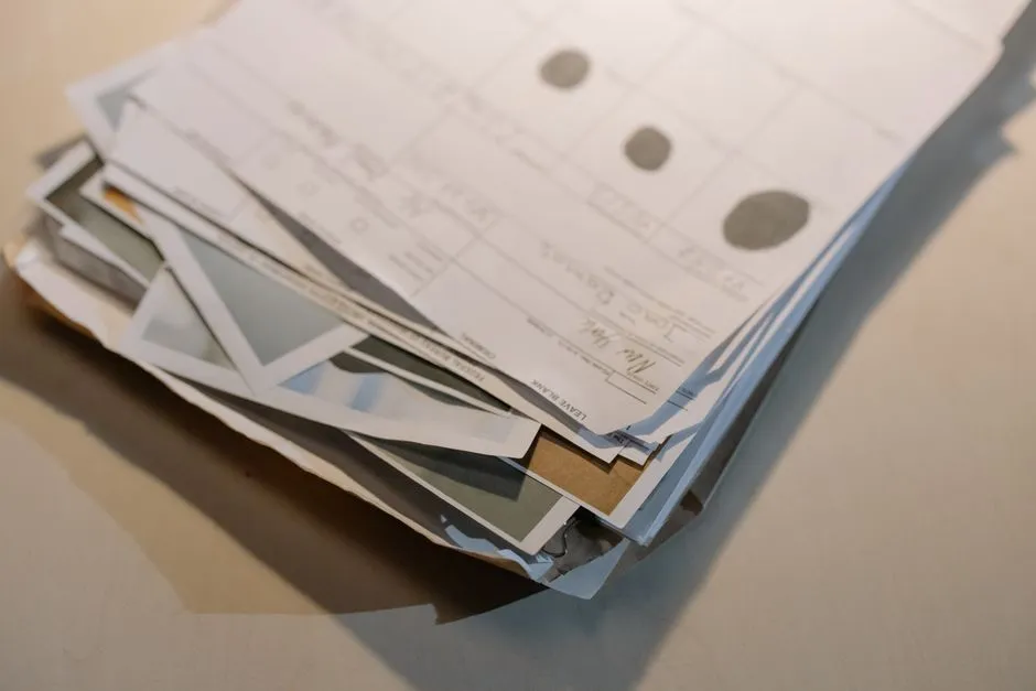 An untidy stack of assorted printed documents and forms on a pale desk, edges misaligned and several sheets dog-eared, with a printed grid and handwriting visible on the top page.