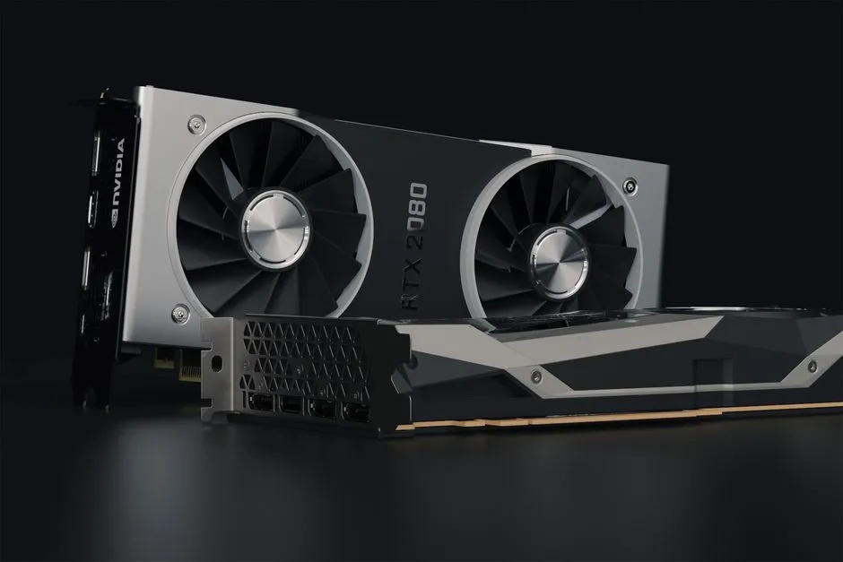 Detailed close-up image of NVIDIA RTX 2080 graphics card showcasing hardware components.