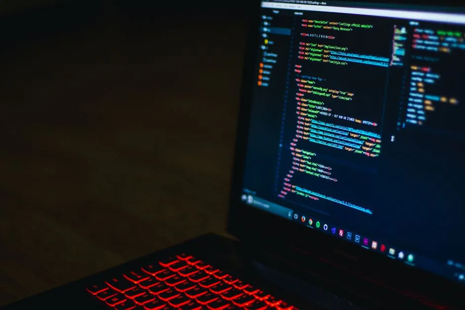A laptop in a darkened room showing markup in a code editor