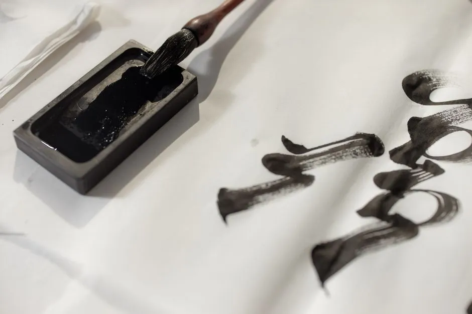 An ink brush resting on an inkstone beside freshly brushed characters