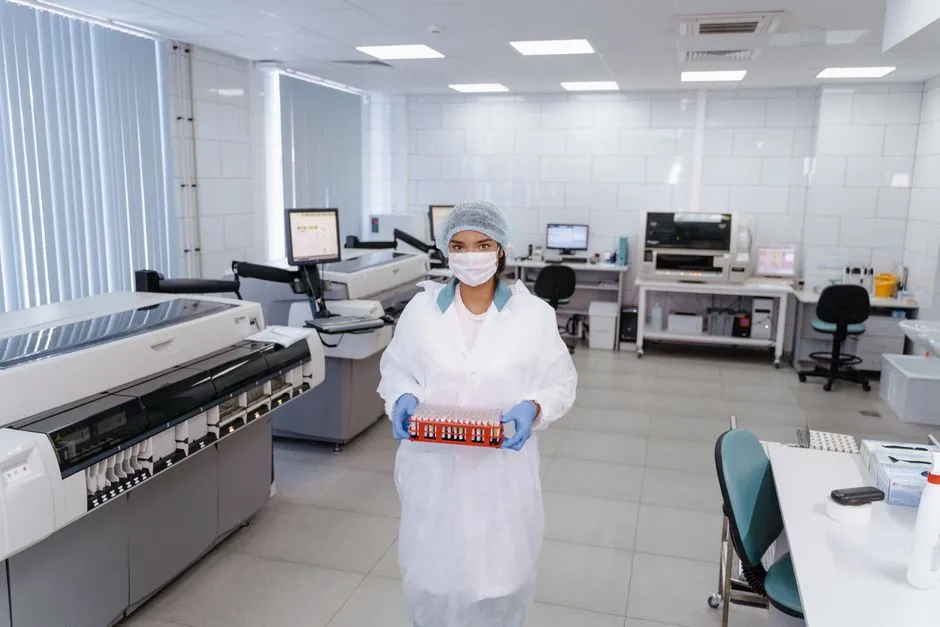 A laboratory technician holding a rack of sample tubes beside analysis instruments