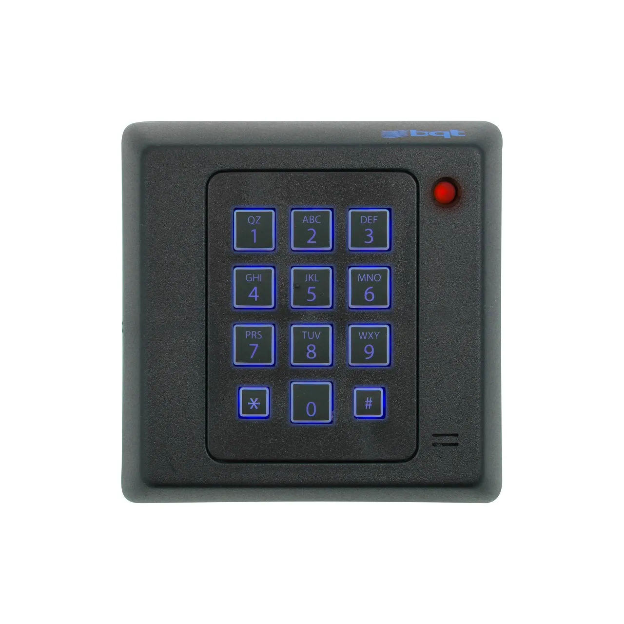 A wall-mounted door access control unit with a backlit numeric keypad and a red status light, photographed square on against white