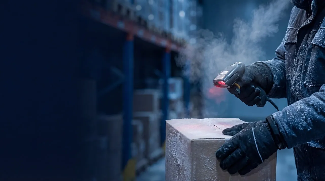 A worker in a frost-covered jacket and heavy gloves aims a handheld barcode scanner at a cardboard box in a cold-storage warehouse, the scanner's red beam falling across the box while breath fogs the freezing air. Racking recedes into the dark blue background.