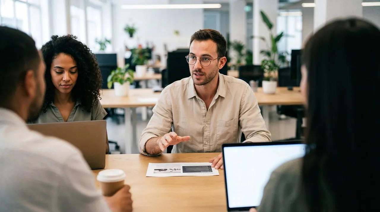 Four colleagues around a table in an open-plan office, two of them at open laptops, in conversation.