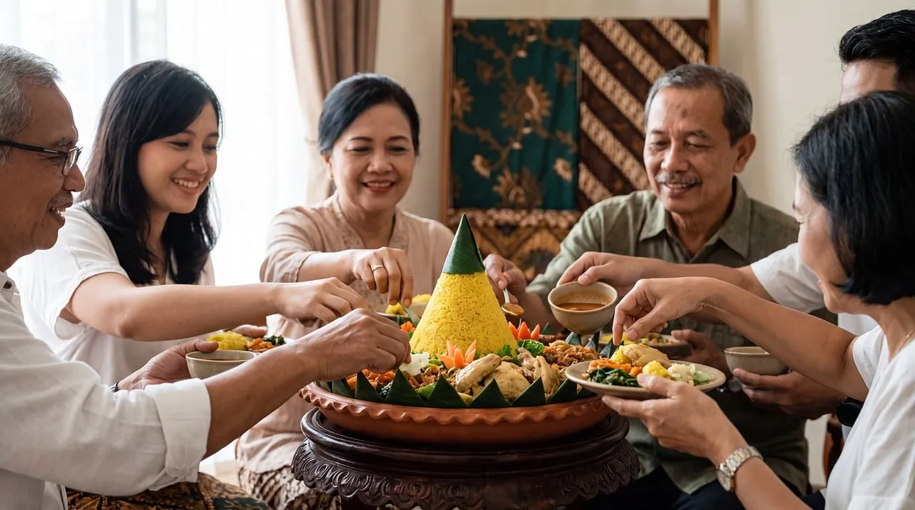Three generations of a family sharing a meal around a cone of yellow rice