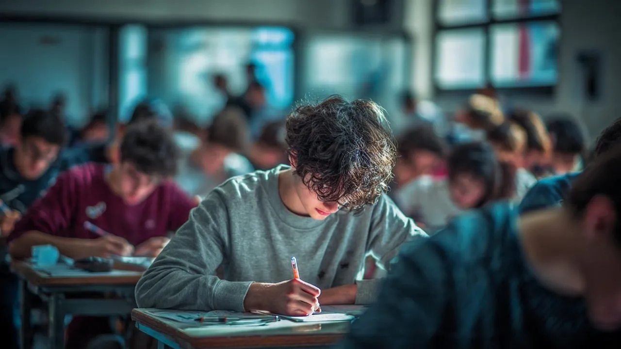 Students writing at rows of desks in an exam hall