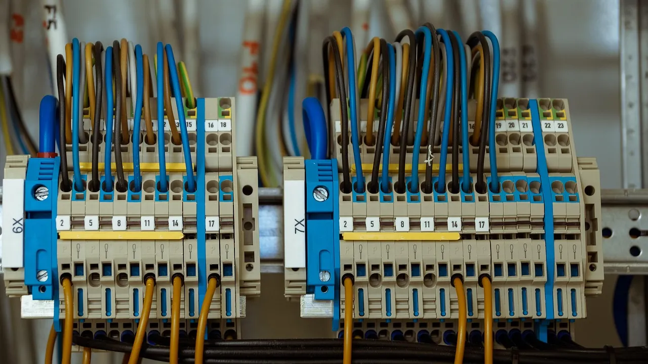 Two rows of DIN-rail terminal blocks in a distribution cabinet, with numbered terminals and blue, yellow and green-and-yellow conductors landed on them.
