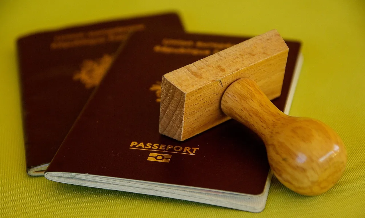 Two passports under a wooden rubber stamp on a yellow background