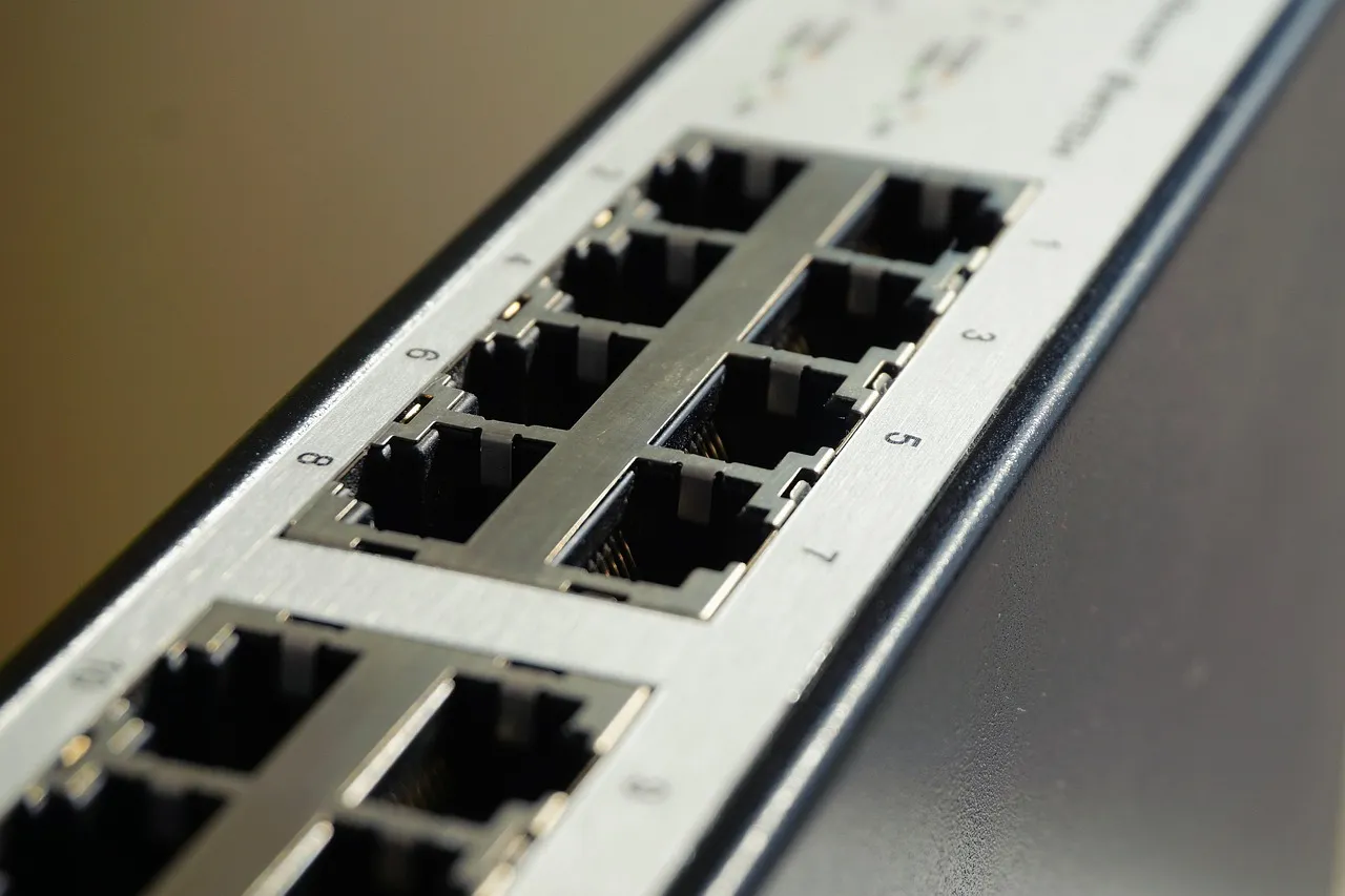 Numbered ethernet ports on a network switch, illustrating a report on maximum-severity vulnerabilities in Cisco's network automation platform.