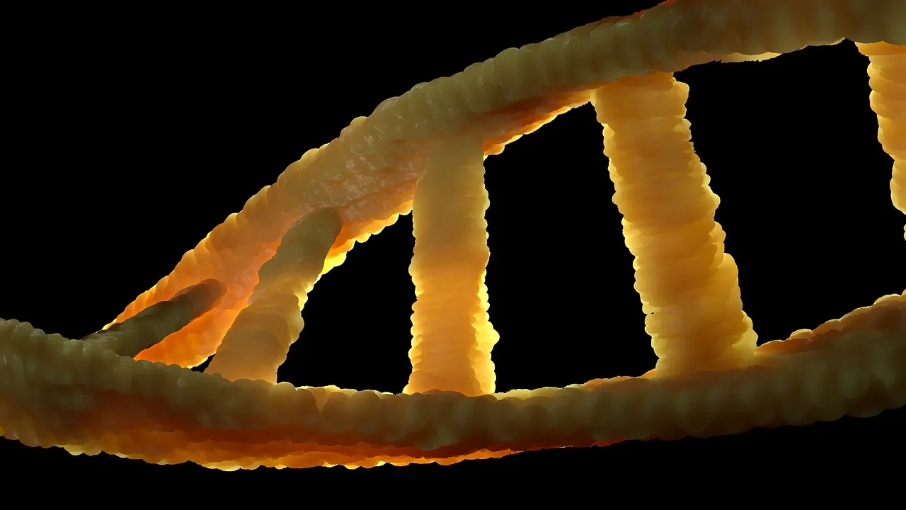 A rendered DNA double helix in amber tones against a black background
