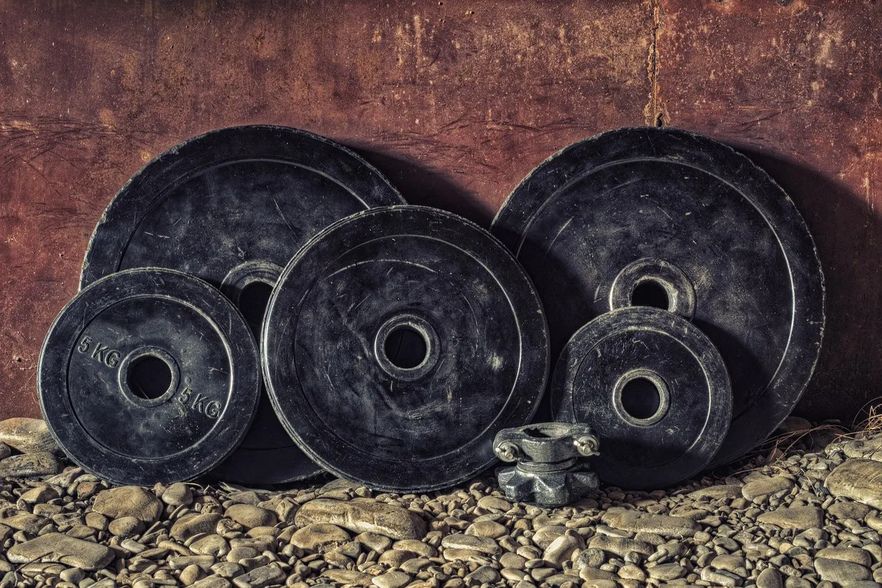 Stacked black iron weight plates of several sizes leaning against a wall