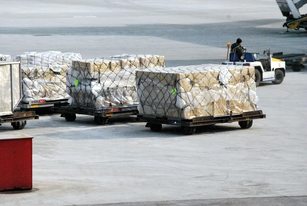 Shrink-wrapped air cargo pallets lined up on an airport apron beside a loading vehicle.