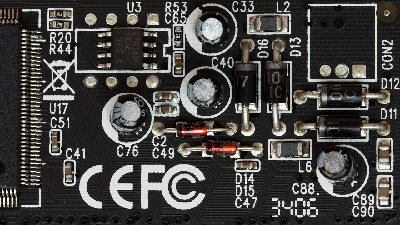 A circuit board photographed close up, components and silkscreen markings filling the frame
