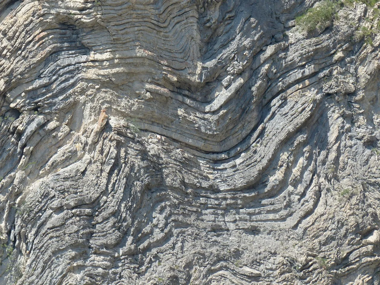 Folded layers of ancient sedimentary rock
