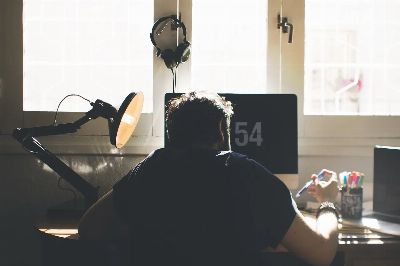 man, chair, computer, desk, sit