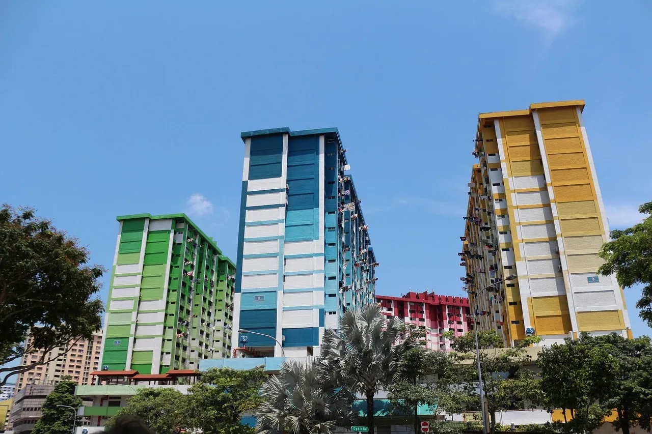 Four Singapore HDB blocks in green, blue, pink and yellow seen from street level against a clear sky, palm trees at their base.