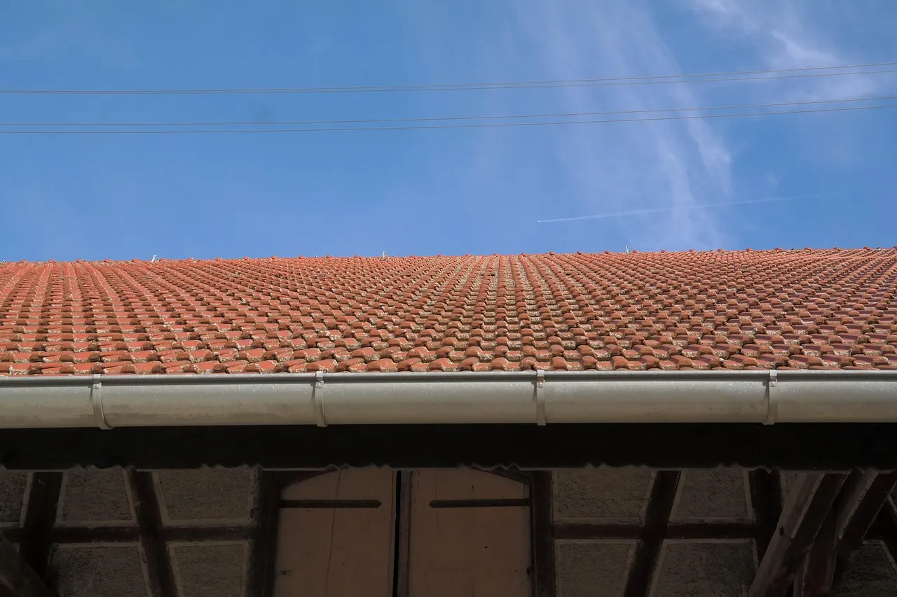 A tiled roof and the length of guttering along its edge, seen from below against a clear sky.