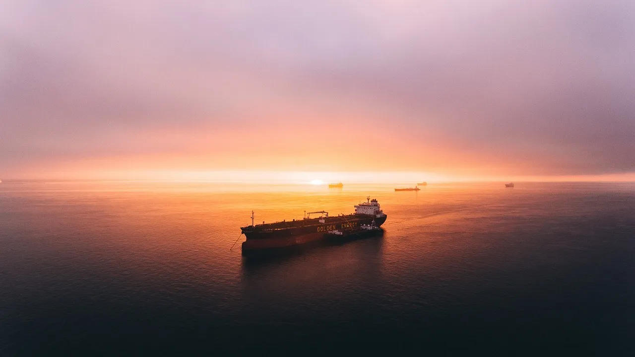 Cargo ships at anchor on open water at sunset, seen from the air
