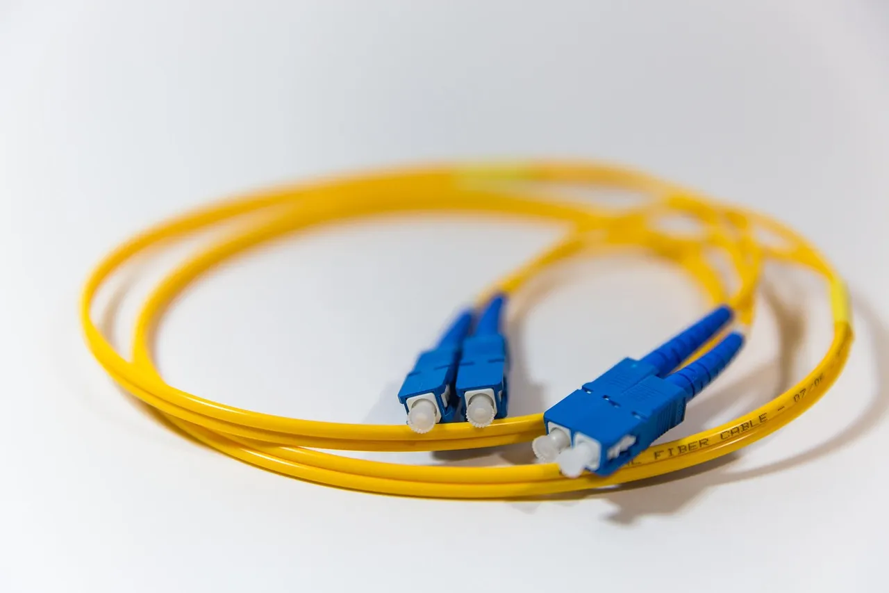 A single-mode fibre patch cable with duplex connectors, the cabling that optical transceivers plug into