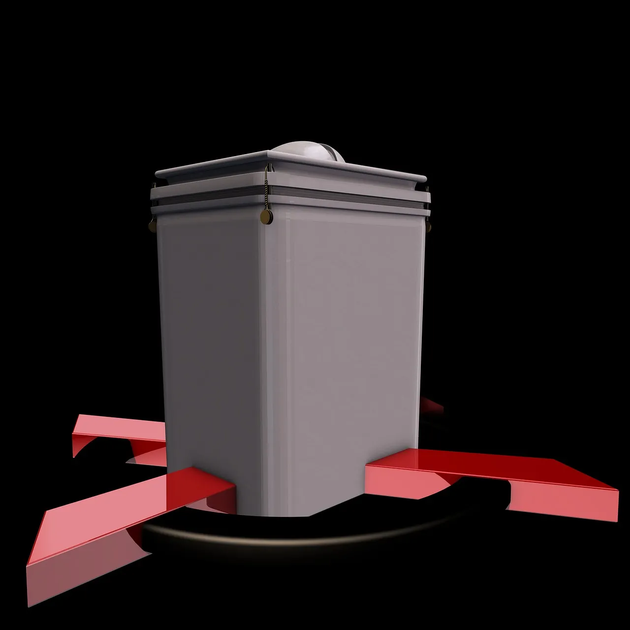 A rendered grey ballot box with red arrows converging on it — illustrating a platform built to steer voters towards a result.