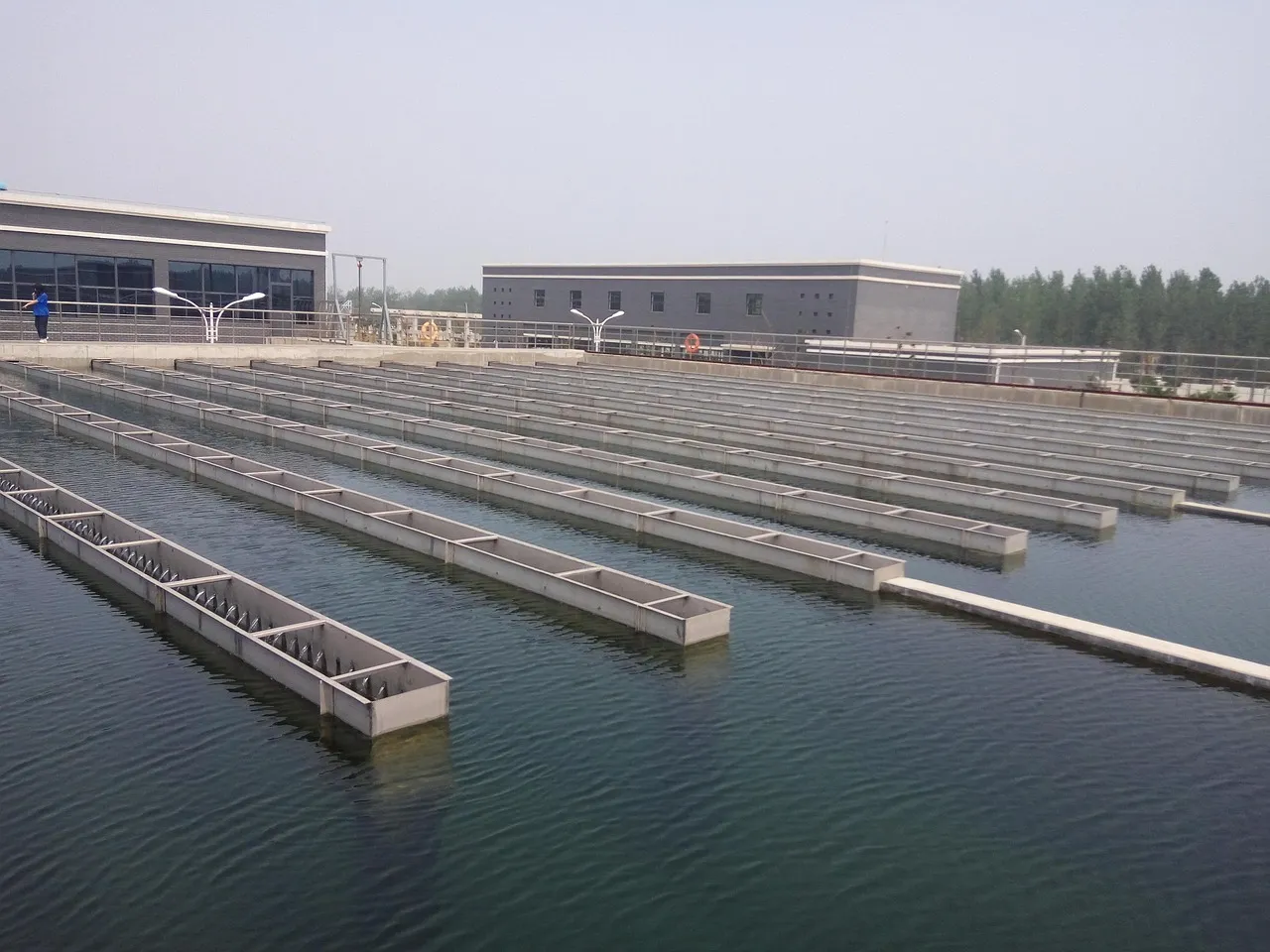 Open settling basins at a water treatment plant