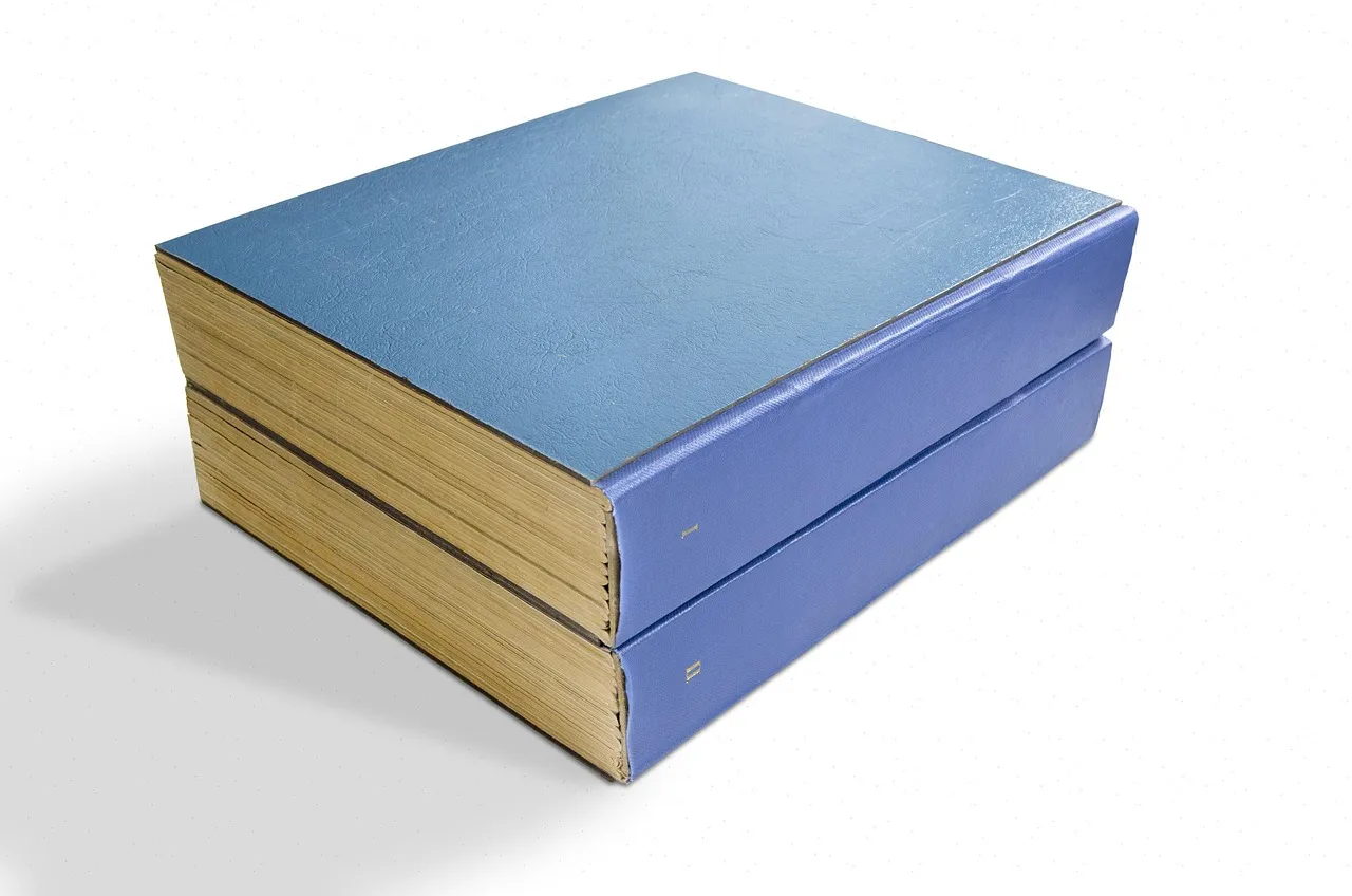 Two thick blue-bound volumes stacked on a white background — illustrating the volume of advisories a single month of patches now arrives as.
