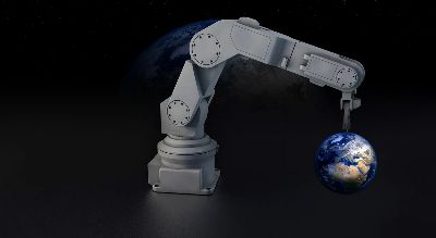 robot, robotic arm, earth, globe, machine