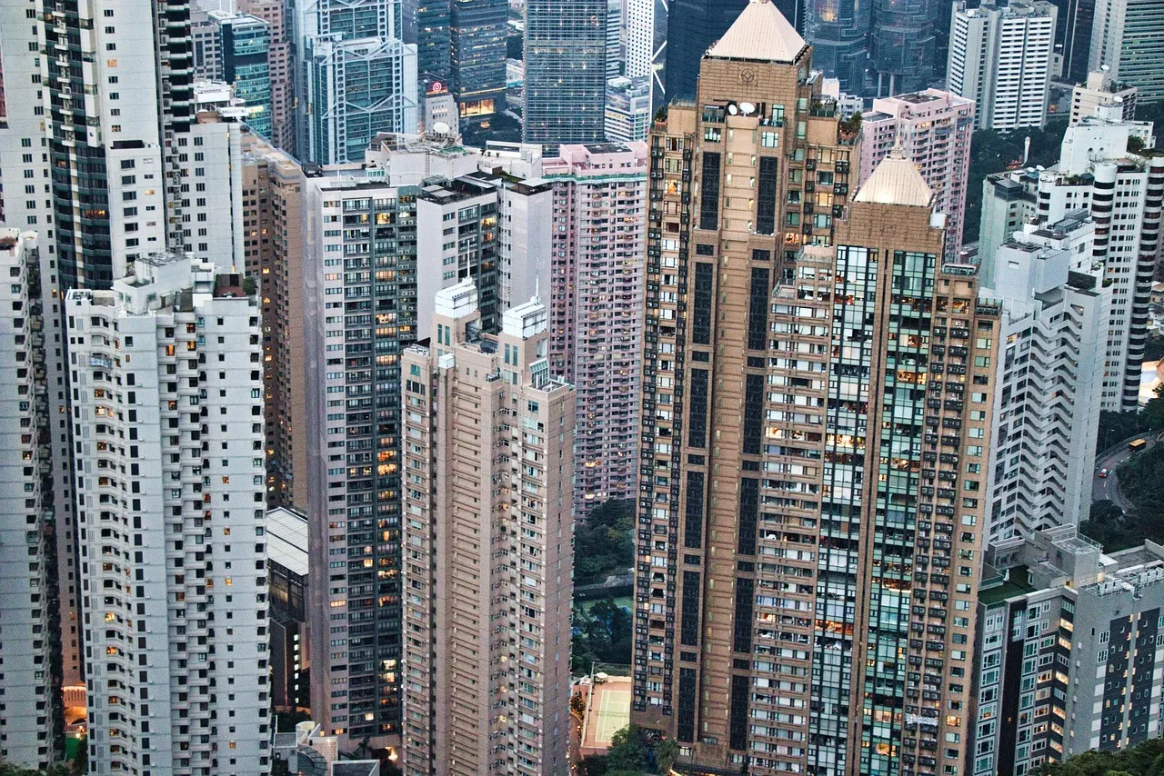 Tall residential tower blocks packed together in Hong Kong