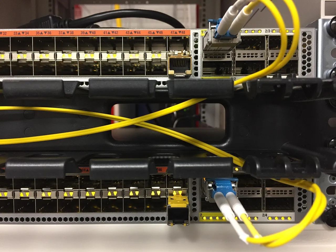 A network switch in a rack with fibre patch cables connected.