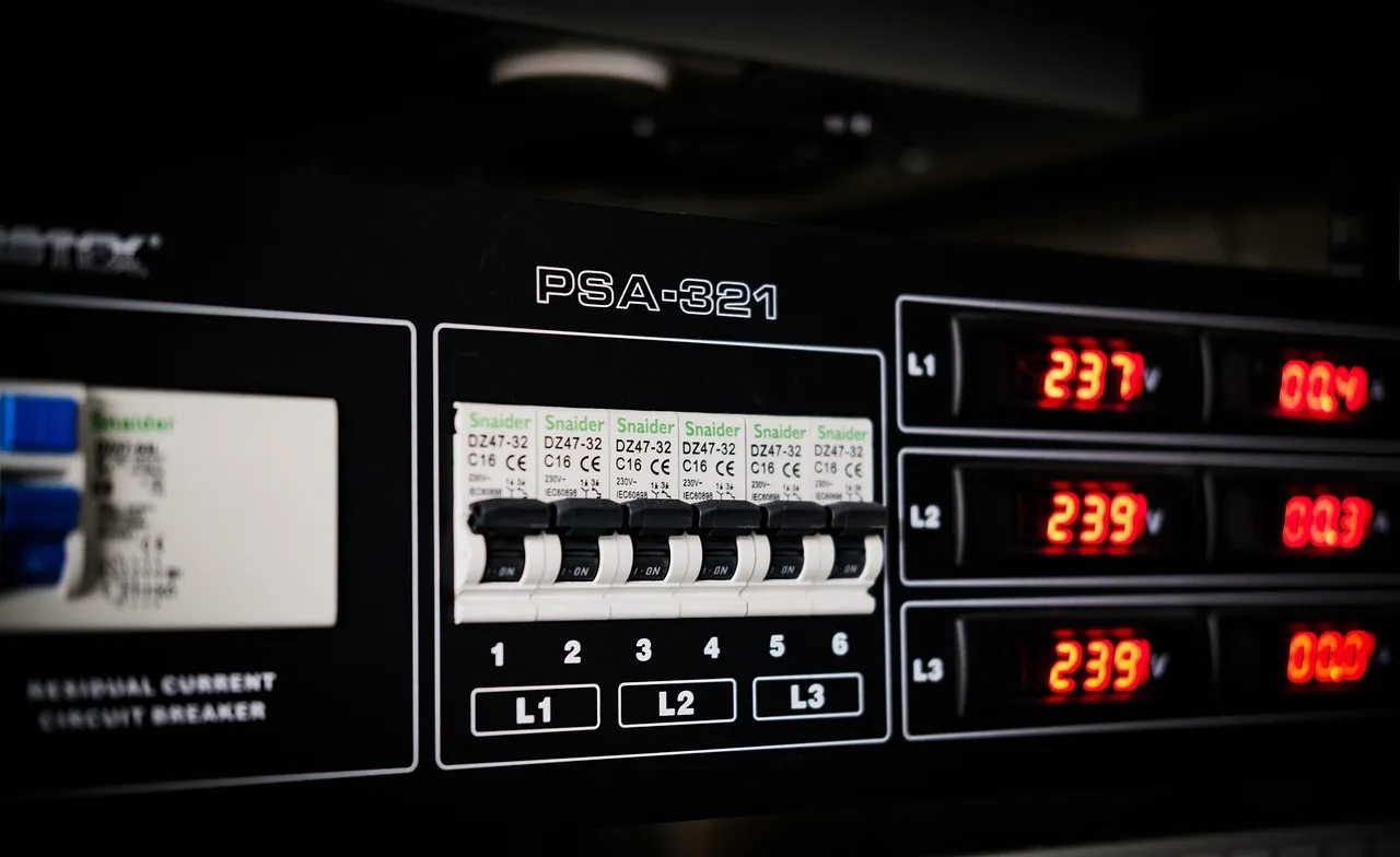 Rack-mounted power equipment with digital voltage and current readouts glowing red.