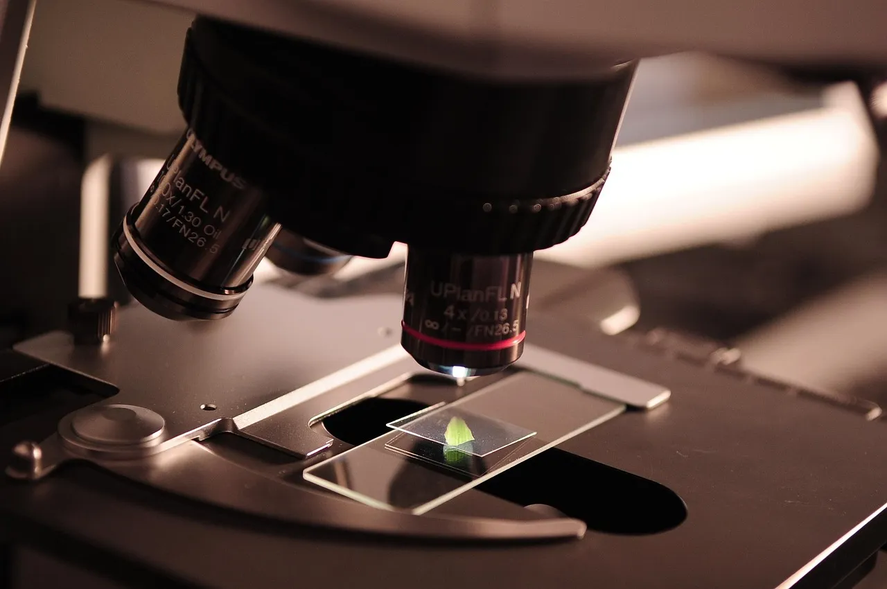 A microscope objective above a glass slide holding a small green specimen