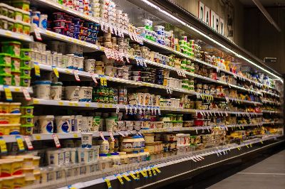 supermarket, shelf, blur, yogurt, milk