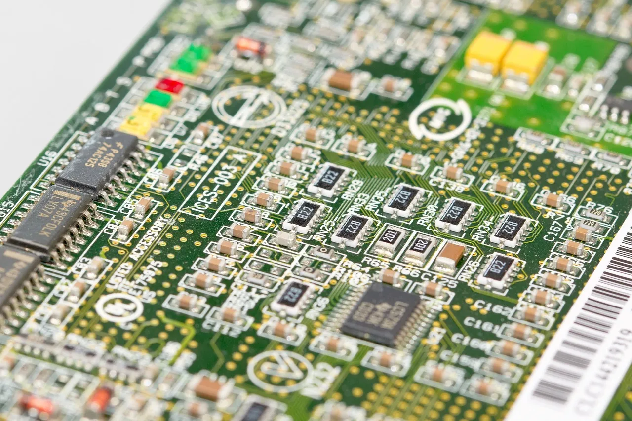 Close-up of a printed circuit board with surface-mounted components.
