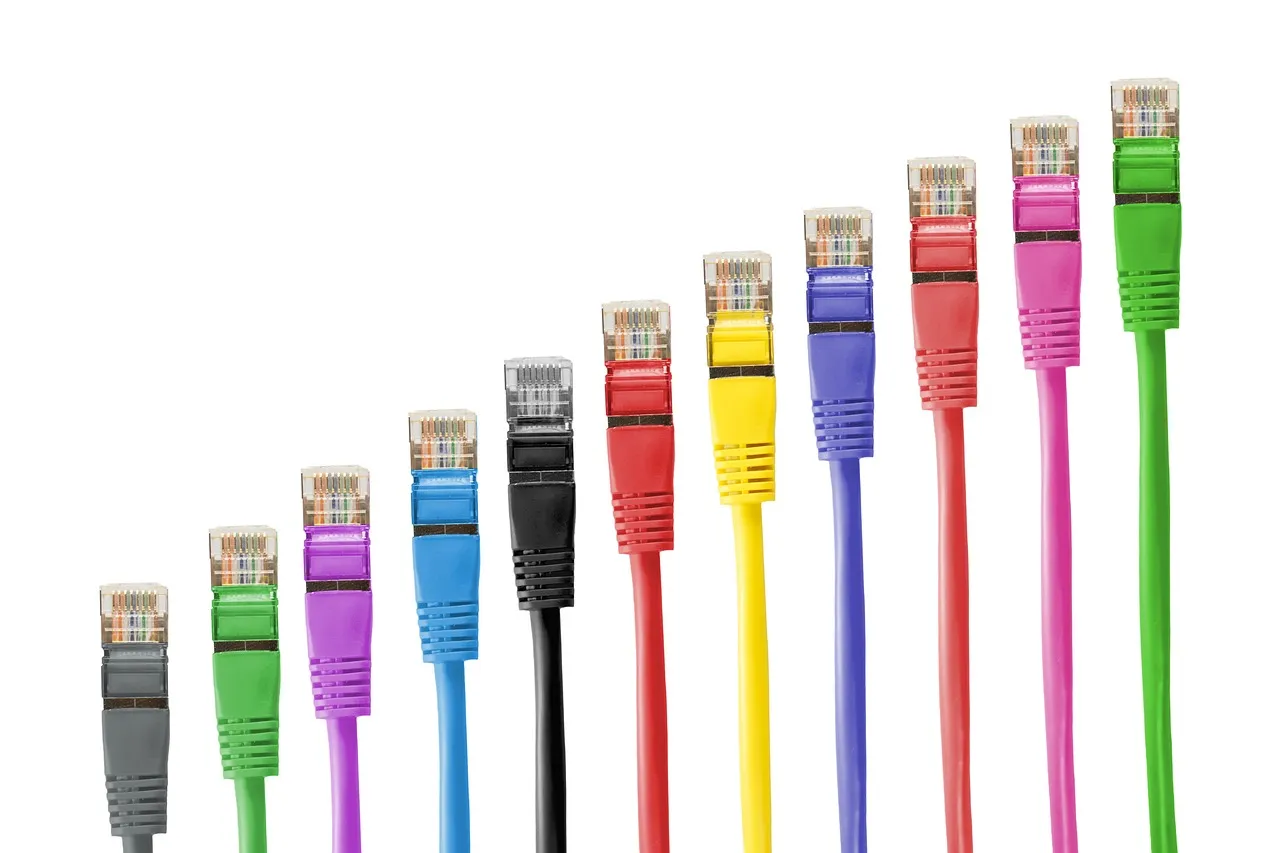 A row of coloured network patch cables arranged by length