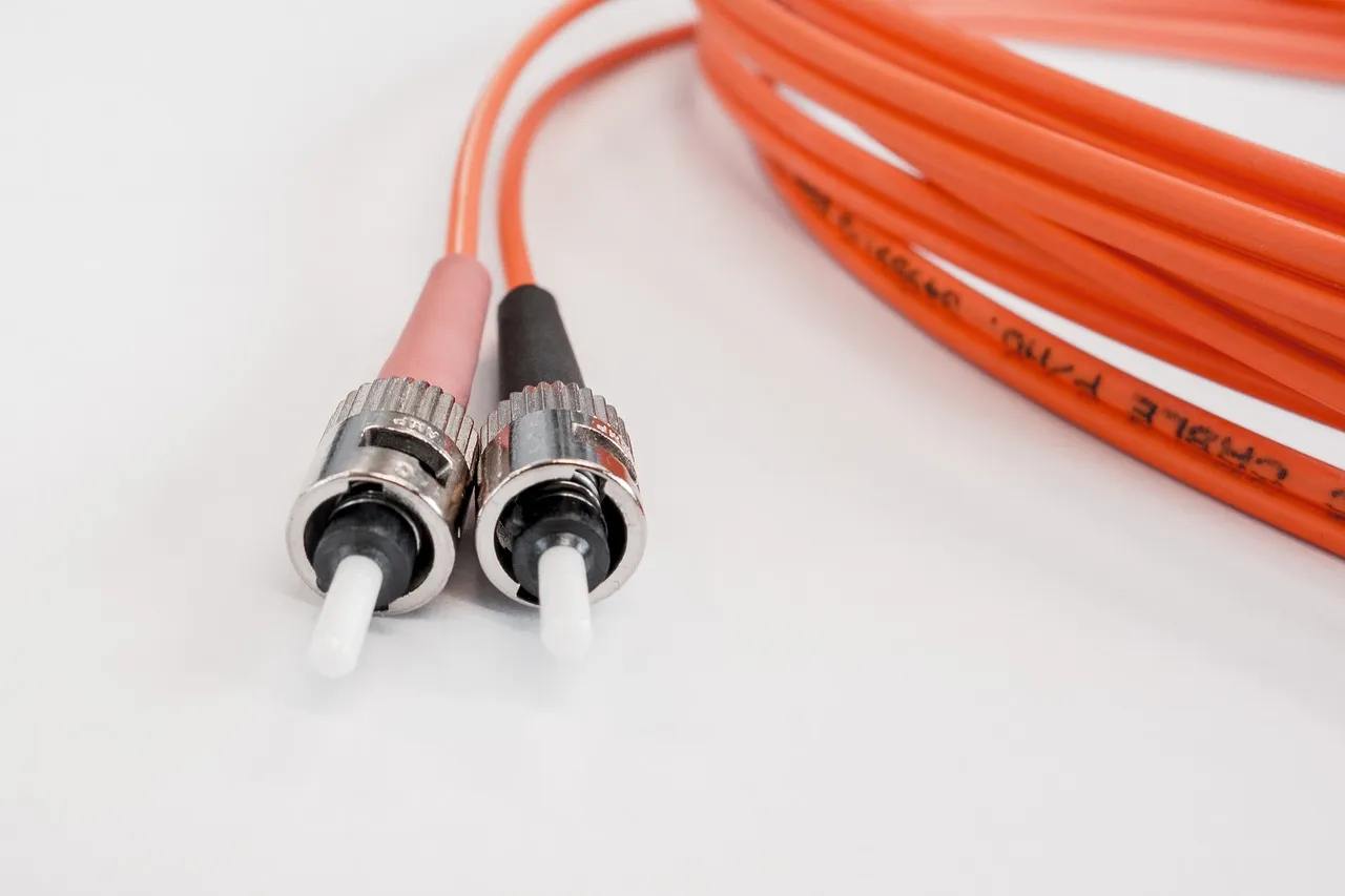 Two orange fibre optic patch cables with their connectors in the foreground.