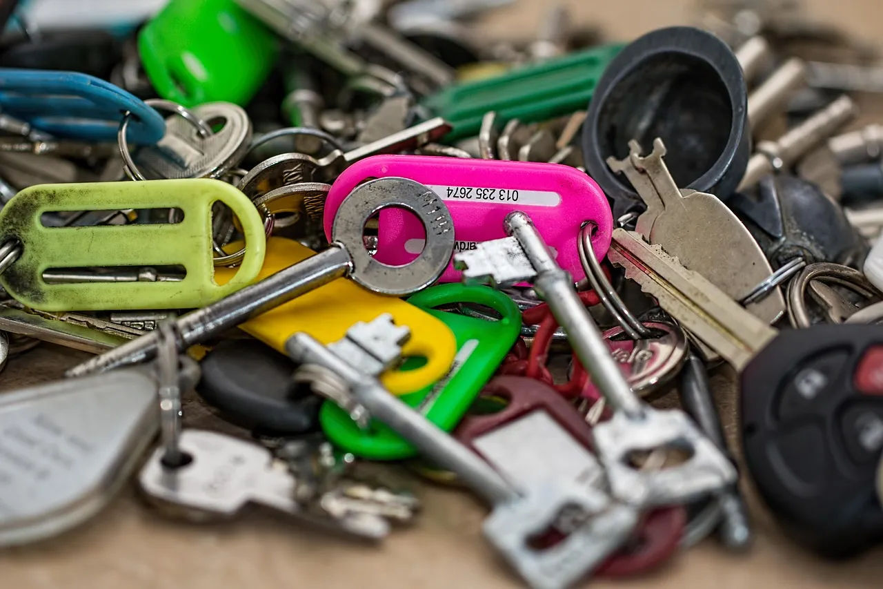 A close-up of a heaped pile of dozens of keys on a wooden surface, many still attached to brightly coloured plastic fobs and split rings, with a car remote at the edge and no way to tell which key opens what.
