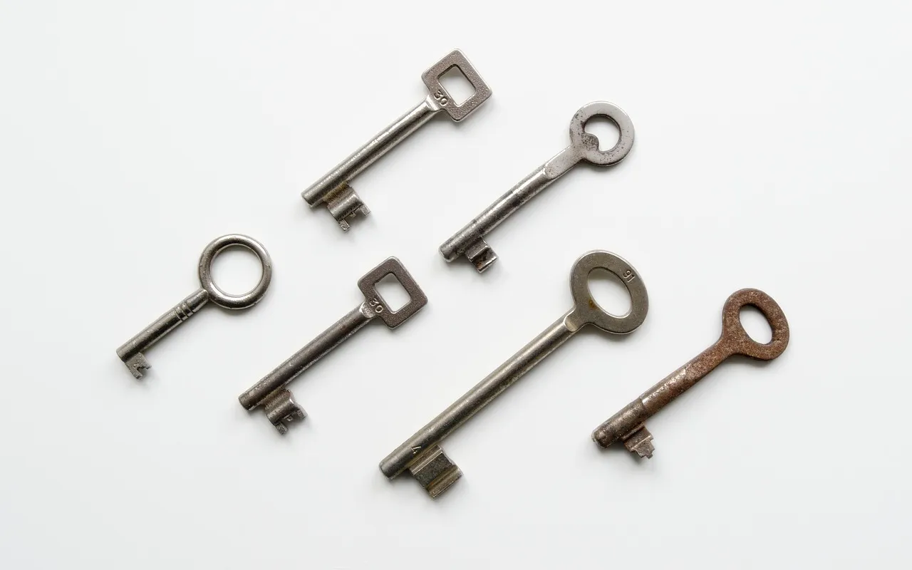 Six antique keys of similar pattern laid out flat on a white surface