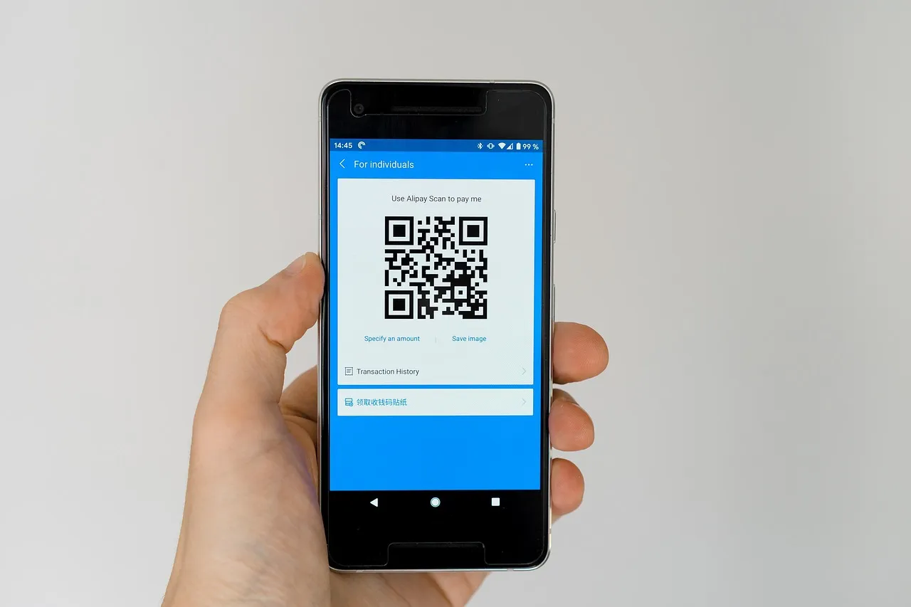 A hand holding a phone that shows a QR code