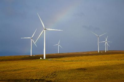 windmills, rainbow, fields, windmill farm, grass