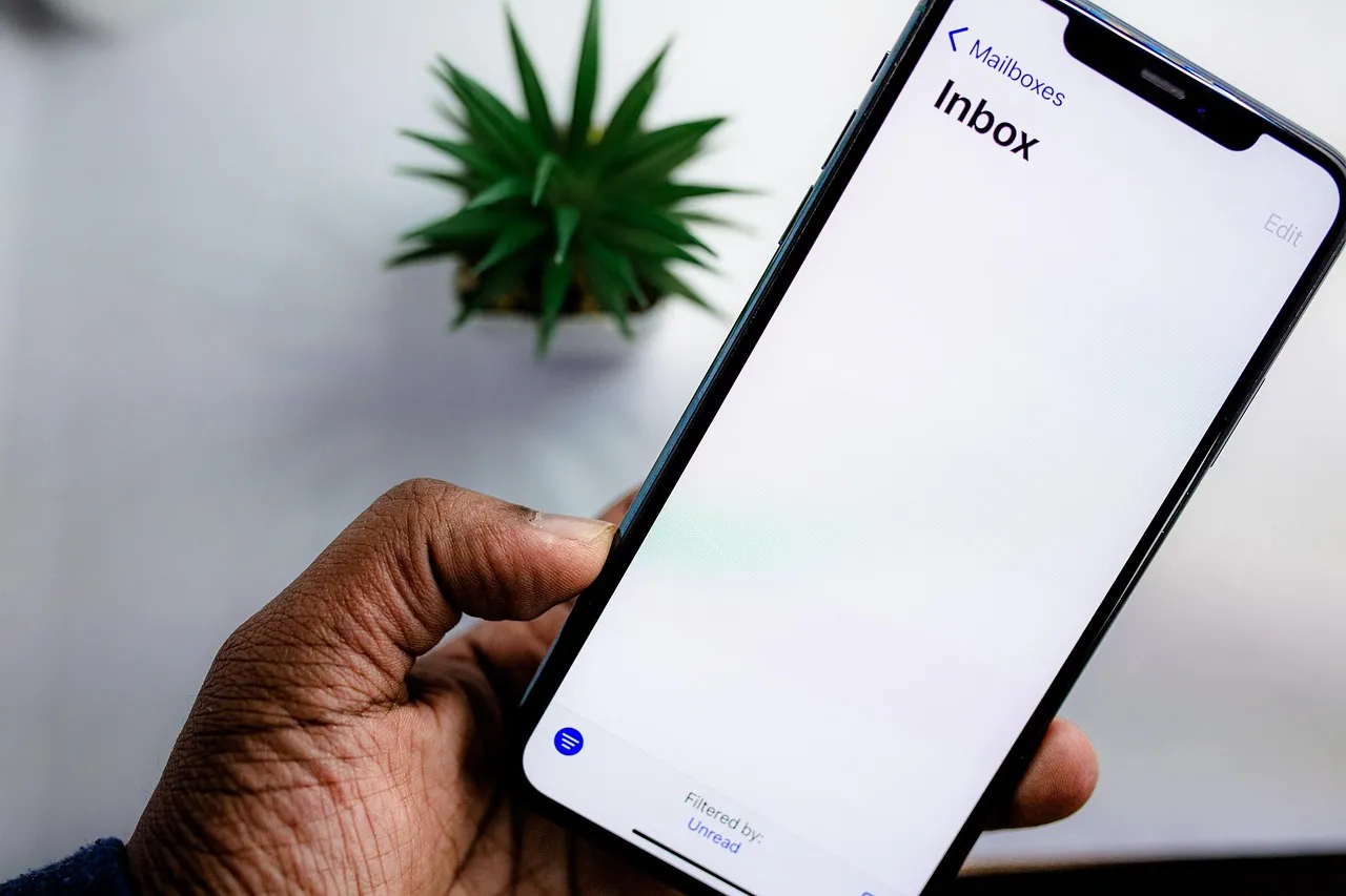 A hand holding a phone showing an empty email inbox, a potted plant out of focus behind it