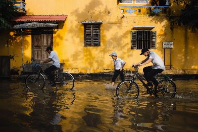 children, bicycles, flood, flooding, student