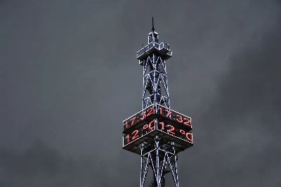 telecommunications tower, lights, time, temperature, sky