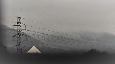 transmission tower, cables, fog, rain, power tower