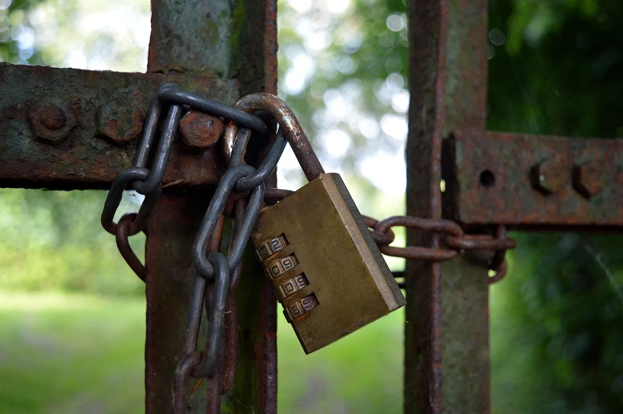 A brass combination padlock and heavy chain fastening a rusted metal gate, green fields blurred behind