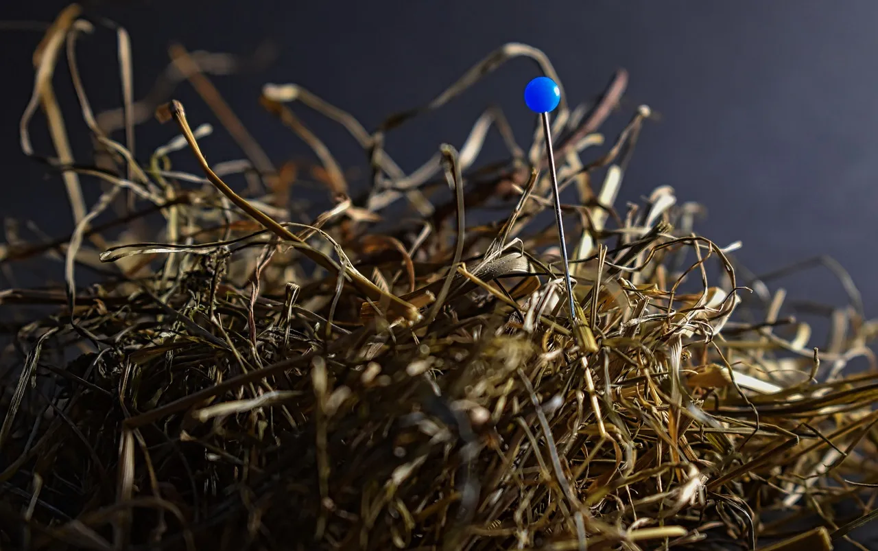 A single blue-headed pin standing upright in a tangle of dry straw