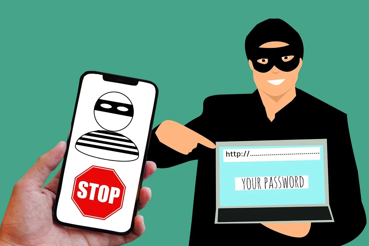 Illustration of a phone showing a stop sign beside a masked figure at a laptop