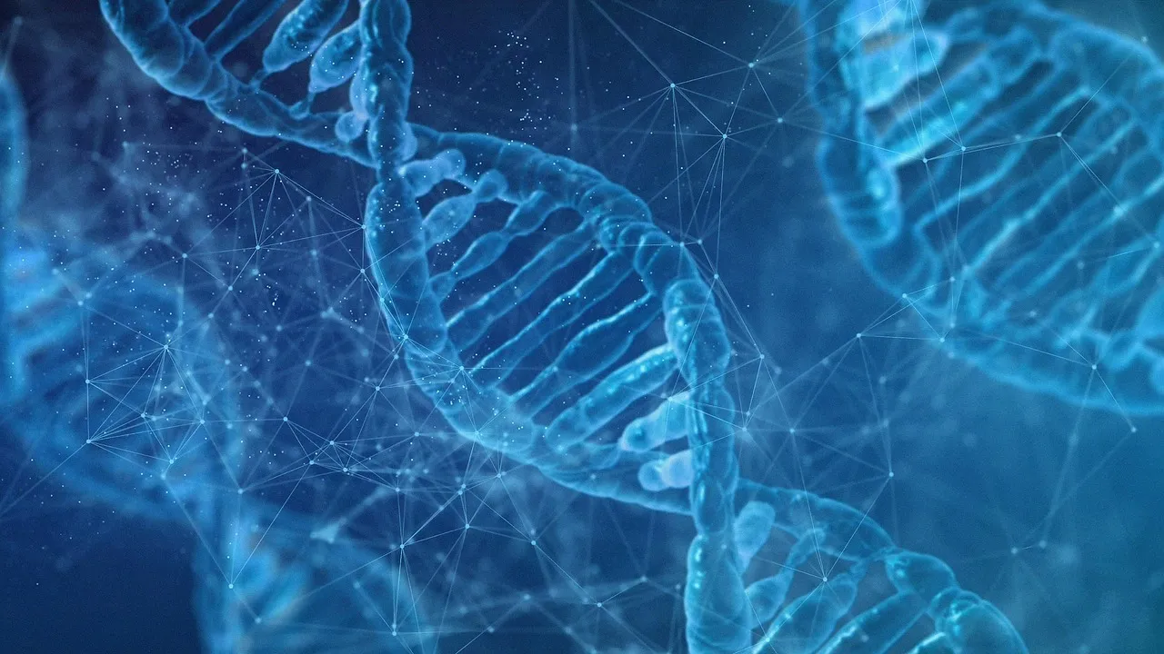 Illustration of glowing blue DNA double helices