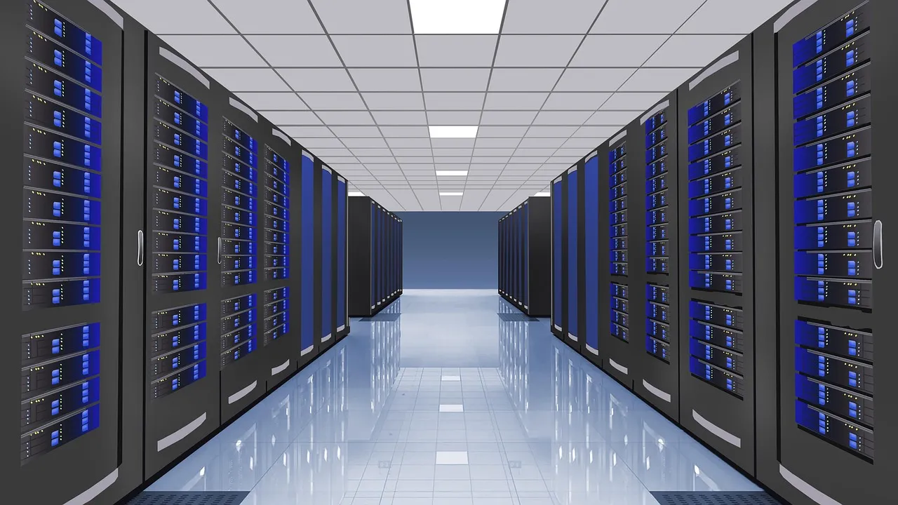 Rows of server racks in a data centre hall