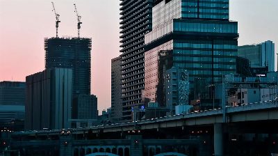 buildings, high rise building, crane, road, car