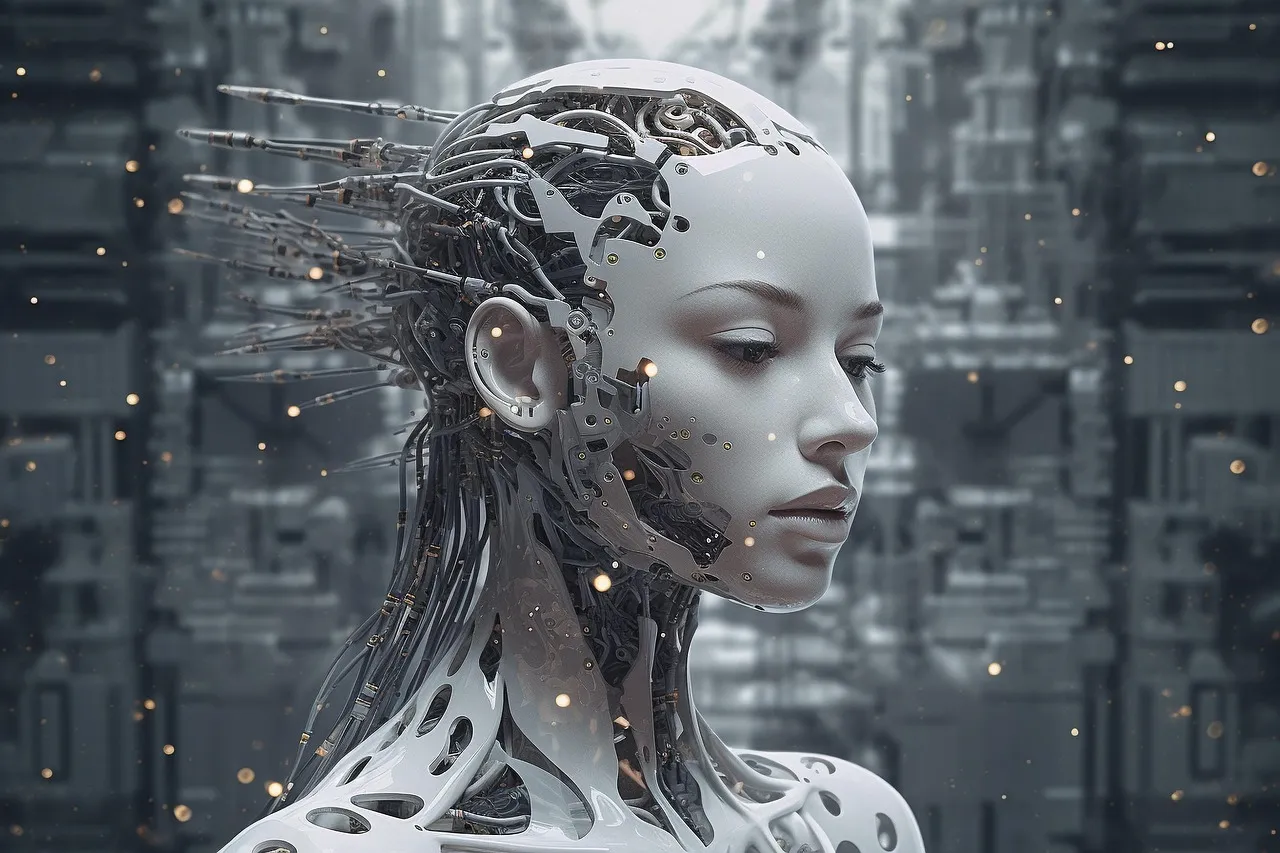 A stylised humanoid robot head representing artificial intelligence.